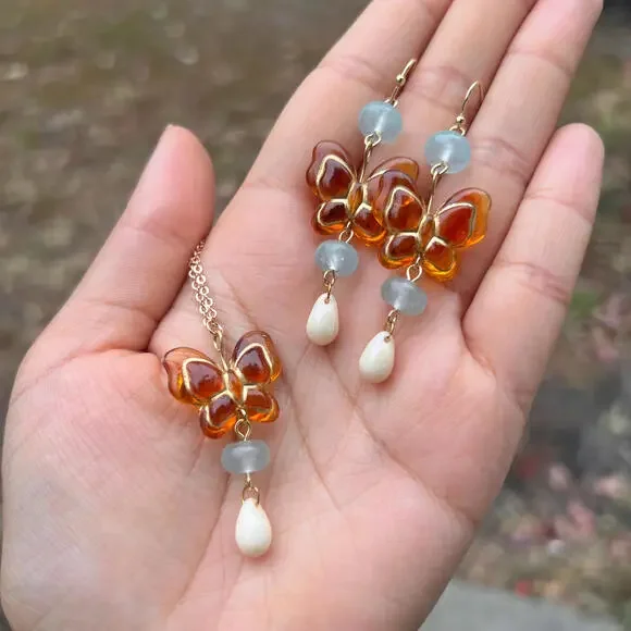Amber Blue Jade Beige Czech Glass Acrylic Butterfly Jewelry Set, Cute Fun Set - Picture 3 of 6